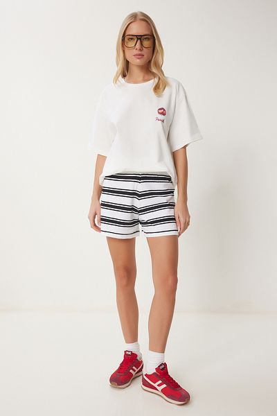 Happiness İstanbul Ecru bedrucktes Oversize-Strick-T-Shirt aus Baumwolle für Damen CR00466