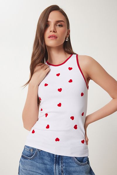 Happiness İstanbul Damen-Strickbluse mit weißem, rotem Herz und Struktur US00958