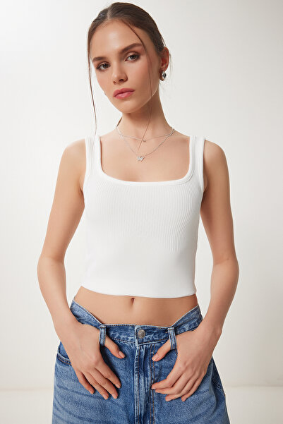 Happiness İstanbul Schwarz-weiße 2er-Pack Bluse aus geripptem Crop-Strick für Damen GA00006