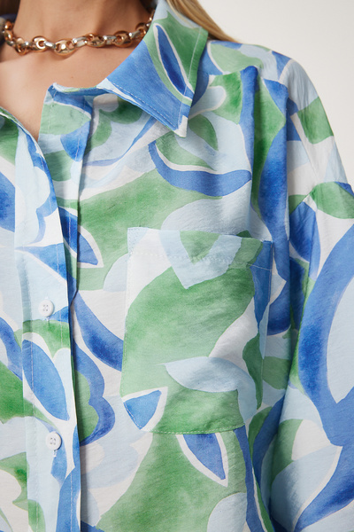 Happiness İstanbul Női égszínkék zöld mintás, drapériás texturált ing CR00470