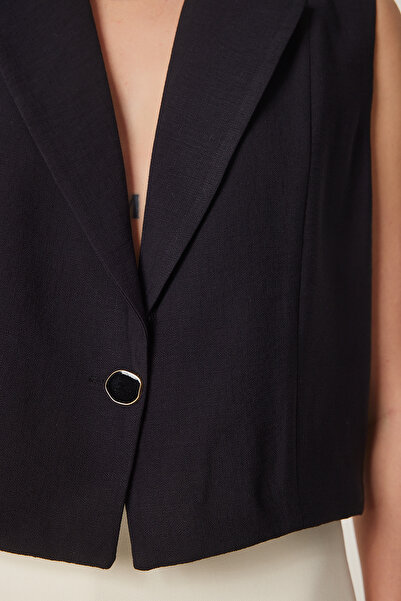 Happiness İstanbul Dámská černá stylová plátěná vesta na knoflíky KB00046