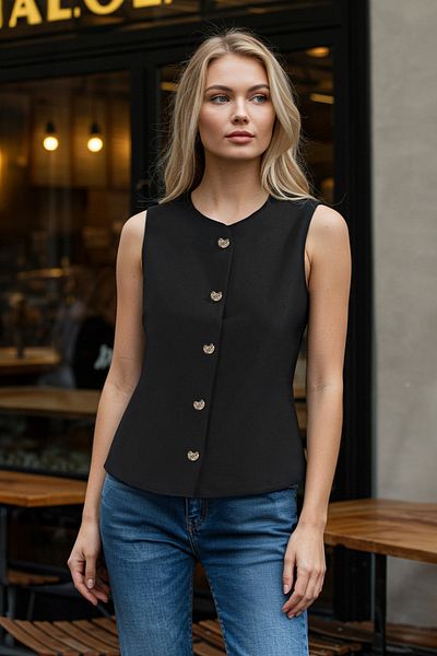 Trendyol Collection Черна плетена жилетка с нулев ръкав и копче със сърце, стандартна/нормална кройка Twoss25Ye00033