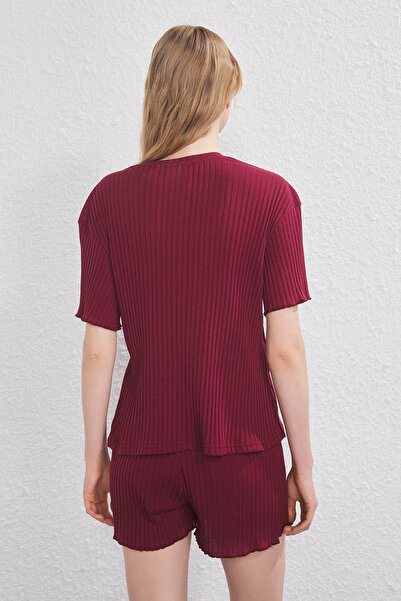 Trendyol Collection Burgundy Slogan and Heart Embroidered Ribbed Shorts Knitted Pajamas Set Thmss25Pt00402