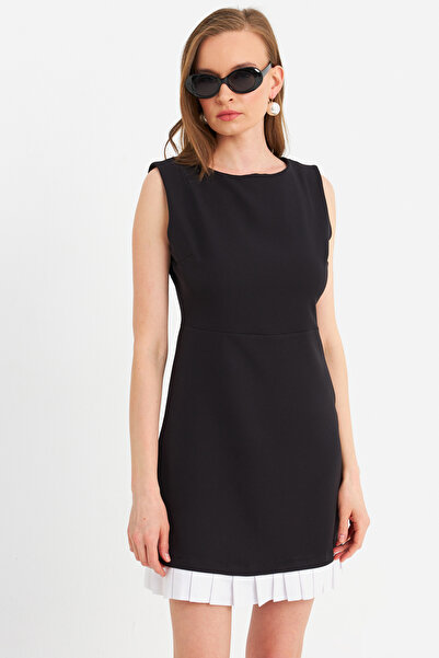 Cool & Sexy Kadın Siyah Kontrast Pileli Mini Elbise FRY100