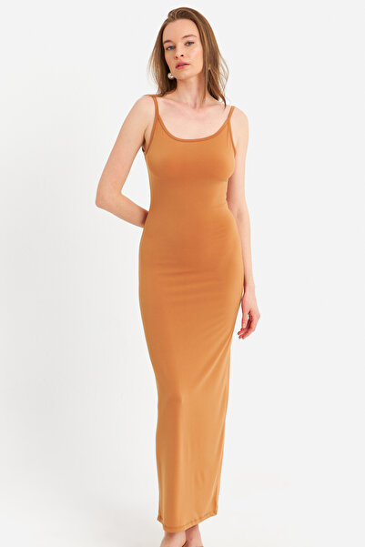 Cool & Sexy Kadın Hardal Ayarlanabilir Askılı Maxi Elbise MEN2004