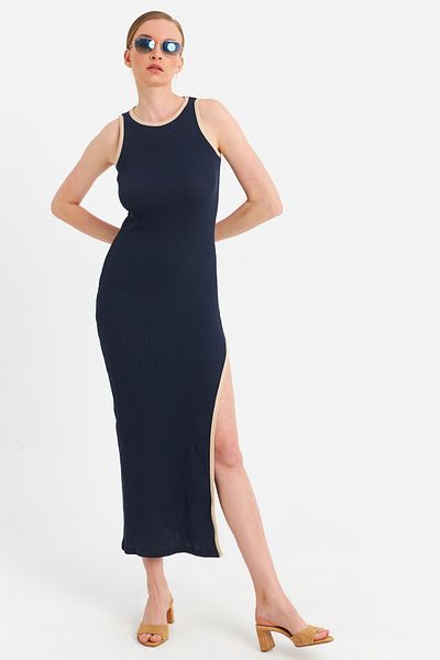 Cool & Sexy Γυναικείο μάξι φόρεμα με σκίσιμο μπλε ναυτικό OR2087