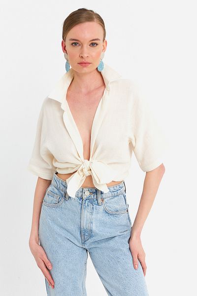 Cool & Sexy Women's Ecru Tied Linen Blouse Bth16