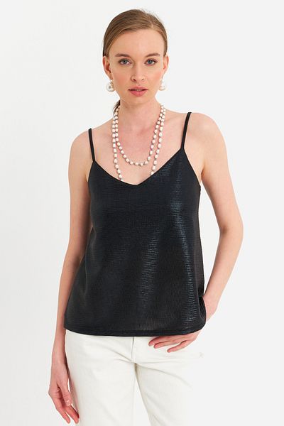 Cool & Sexy Women's Black Rope Strap Shiny Blouse Rsp1094