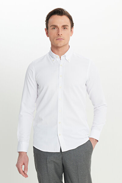 AC&Co / Altınyıldız Classics Чоловічі білі зручні в носінні Slim Fit Slim Fit Slim Fit Оксфорд з довгим коміром на ґудзиках Armurlu Сорочка