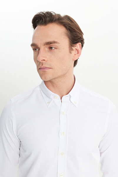 AC&Co / Altınyıldız Classics Чоловічі білі зручні в носінні Slim Fit Slim Fit Slim Fit Оксфорд з довгим коміром на ґудзиках Armurlu Сорочка