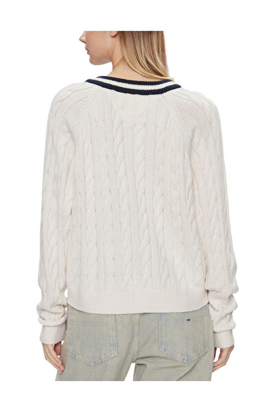 Tommy Jeans TRICOT, PENTRU FEMEI, GÂTUL IN V, MANECI LUNGI, BICOLOR, CU LOGO