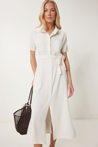 Happiness İstanbul Damen Bone Summer Crinkle Strickhemdkleid UB00333