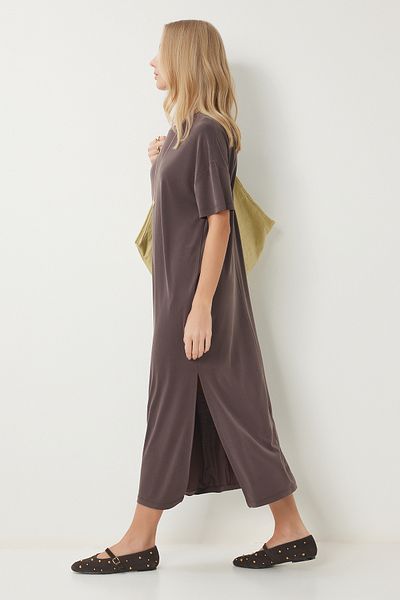 Happiness İstanbul Γυναικείο Σκούρο Καφέ Oversize Basic Καλοκαιρινό Πλεκτό Φόρεμα UB00299