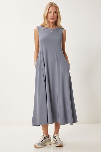 Happiness İstanbul Geräuchertes, ausgestelltes Sommer-Midikleid mit Taschen für Damen UB00329