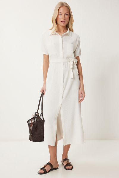 Happiness İstanbul Damen Bone Summer Crinkle Strickhemdkleid UB00333