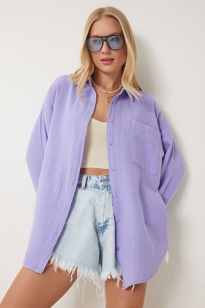 Happiness İstanbul Lilafarbenes Oversize-Basic-Musselin-Shirt für Damen MX00150
