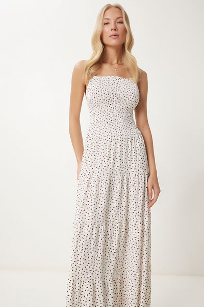 Happiness İstanbul Damen-Sommerkleid mit Crinkle-Strickmuster, Knochen, Burgunderrot, Blumenmuster, Volant, UB00335