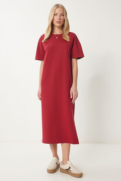 Happiness İstanbul Damen Burgund Baumwolle Sommer Casual gekämmt Kleid UB00080