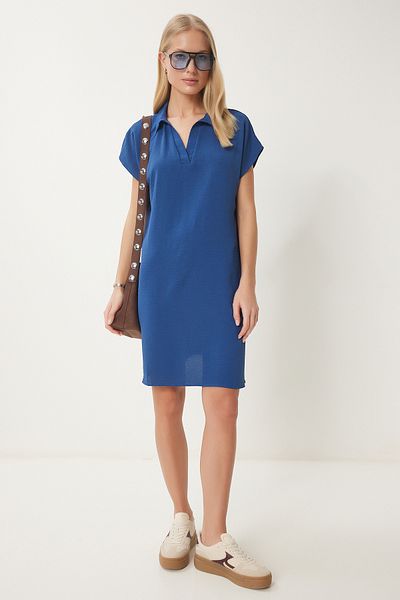 Happiness İstanbul Kobaltblaues, übergroßes, geknotetes Kleid für den Sommer, Artikelnummer UB00325