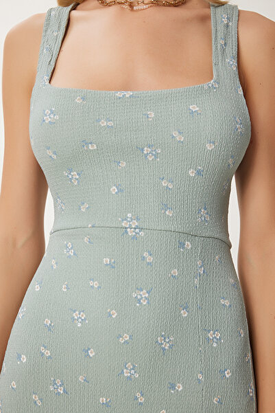 Happiness İstanbul Dámské zelené pletené šaty s květinovým vzorem UB00327