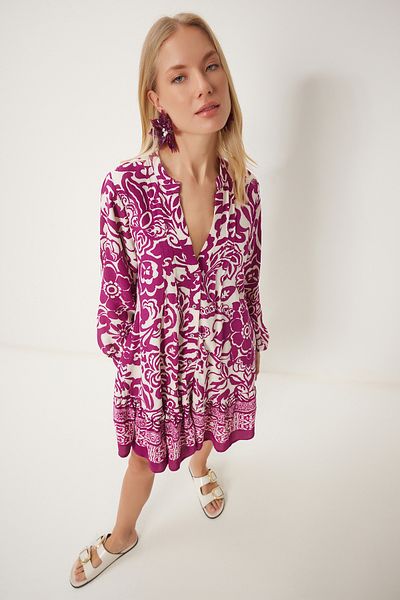 Happiness İstanbul Damen-Hemdkleid mit Pflaumencreme-Muster, drapiert, WF00097