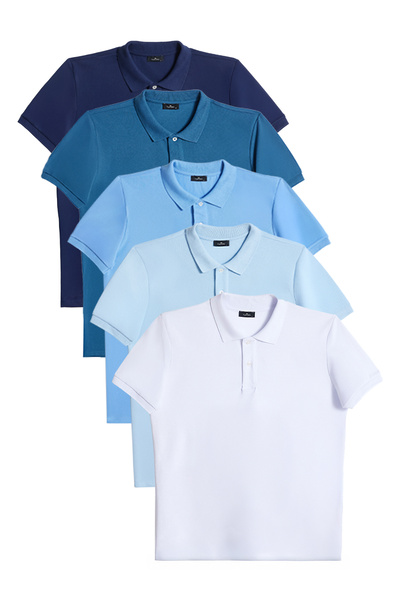 Tudors Erkek 5'li Paket Mavi Tonları Slim Fit Dar Kesim Pamuklu Düz Pike Polo...