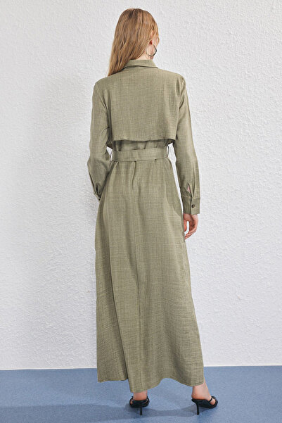 Trendyol Modest Φόρεμα με λεπτομέρεια από λινό υφαντό χακί TCTSS25EB00135