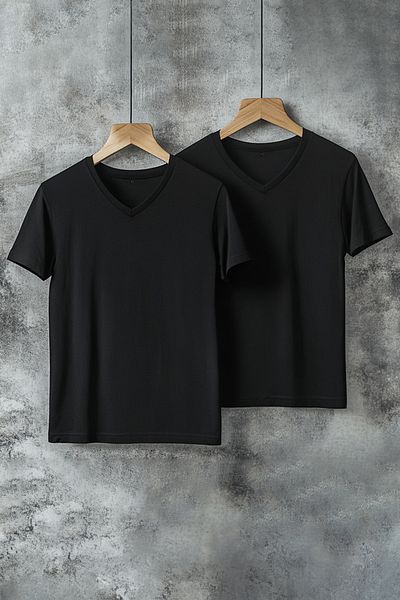 Trendyol Collection Μαύρο T-Shirt με λαιμόκοψη V - 100% βαμβάκι, 2 πακέτο TMNSS19BO0075