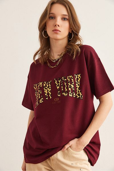 Olalook Tricou pentru femei, burgundy, leopard, imprimat Newyork, cu 2 fire, cu potrivire confortabilă TSH- 19000849