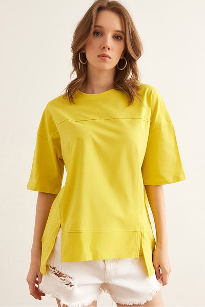Olalook Women's Yellow Stitching Detailed Front Cut Cotton T-Shirt Tsh- 19000800