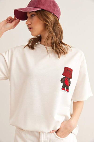 Olalook Γυναικείο λευκό ρομπότ μπλουζάκι μπροστινό πίσω με στάμπα 2 κλωστών Άνετο μπλουζάκι TSH- 19000852