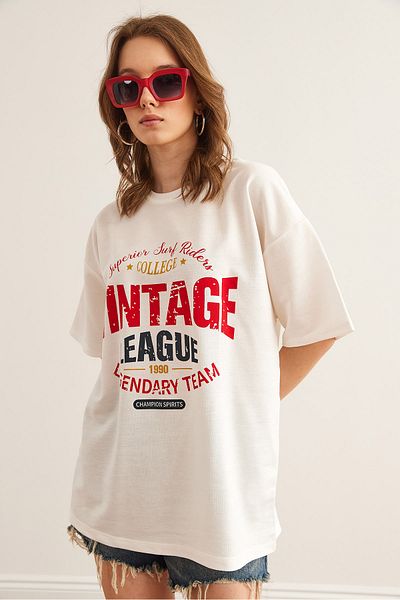 Olalook Γυναικείο μπλουζάκι με λευκό vintage εμπριμέ 2 κλωστών άνετο TSH- 19000851