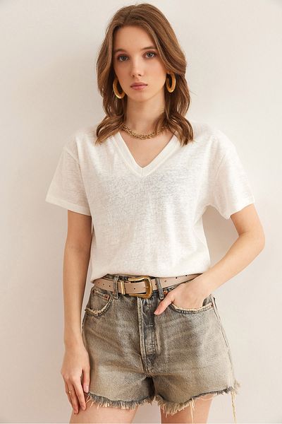 Olalook Tricou crop alb cu decolteu în V pentru femei TSH- 19000861
