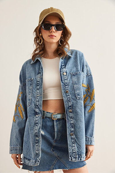 Olalook Kadın Mavi Sarı Buğday Nakışlı Oversize Denim Ceket CKT-19000432