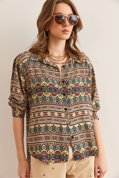 Olalook Kadın Taş Kilim Yıkamalı Yumuşak Dokulu Desenli Viskon Gömlek GML-19001305