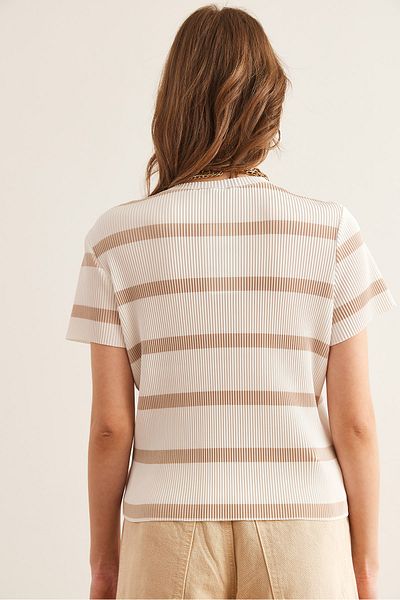 Olalook Women's Ecru Camel Crew Neck Striped Pleated Blouse Blz- 19002893