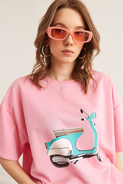 Olalook Γυναικείο μπλουζάκι με ροζ μοτοσικλέτα με στάμπα 2 κλωστών Άνετο μπλουζάκι TSH- 19000850