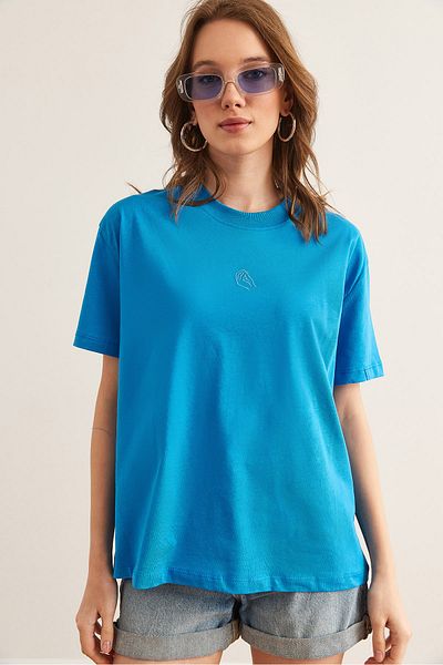 Olalook Γυναικείο Μπλε Κεντημένο Boyfriend Βαμβακερό T-Shirt TSH- 19000854