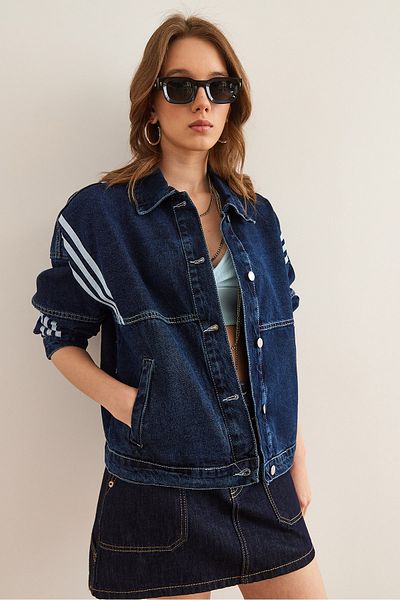 Olalook Women's Navy Blue 3 Stripe Detailed Pocket Denim Jacket Ckt- 19000421