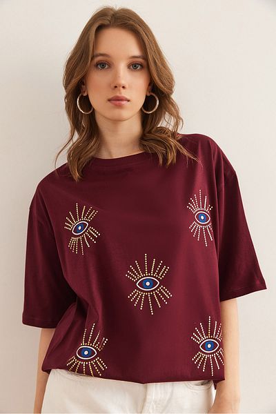 Olalook Tricou de damă cu imprimeu cu ochi burgundy cu detalii din folie TSH- 19000770