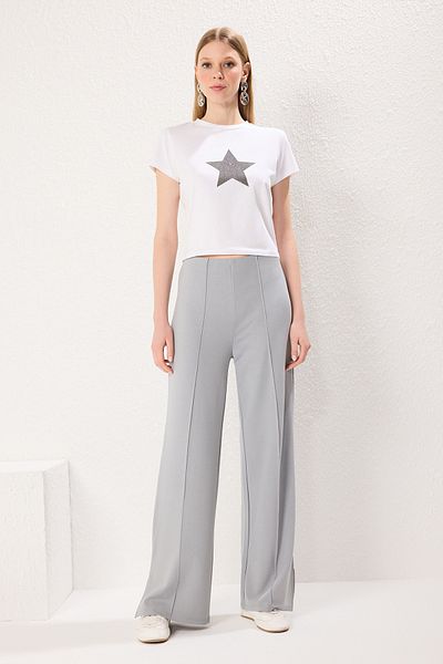 Trendyol Collection Grey Ribbed Detail Wideleg/Wide Cut Pants Twoss25Pl00073