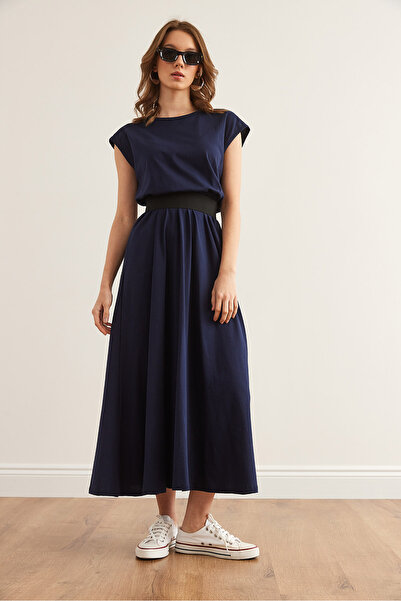 Olalook Kadın Lacivert Beli Lastikli Yarasa Penye Elbise ELB-19001509