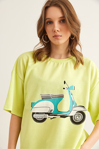 Olalook Γυναικείο μπλουζάκι με λαδί πράσινη μοτοσικλέτα με στάμπα 2 κλωστών Άνετο μπλουζάκι TSH- 19000850