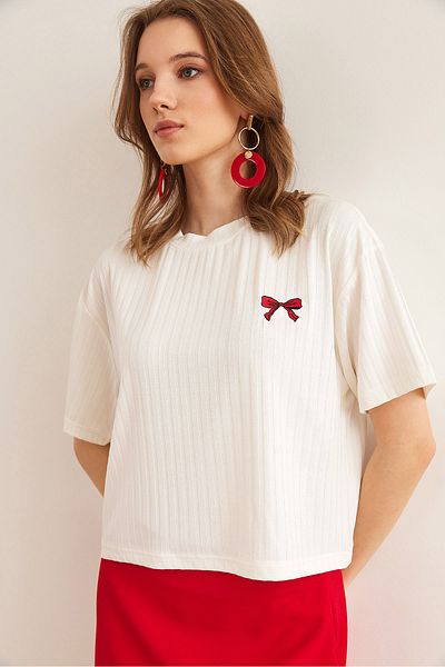 Olalook Women's Ribbon Ecru Transparent Striped Embroidered Casual T-Shirt Tsh- 19000863