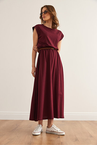 Olalook Dámské bordové šaty s elastickým pasem z česané bavlny ELB- 19001509