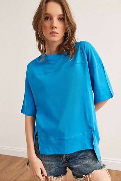 Olalook Tricou de damă din bumbac, albastru cer, cu cusături, cu decupaj în față TSH- 19000800