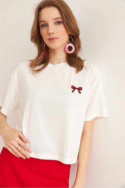 Olalook Women's Ribbon Ecru Transparent Striped Embroidered Casual T-Shirt Tsh- 19000863
