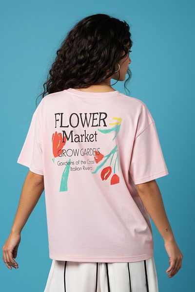 Trendyol Collection Übergroßes rosa T-Shirt mit Rückendruck – TWOSS25TS00055