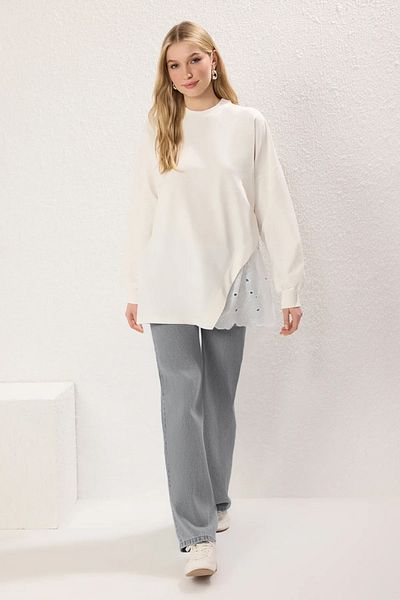 Trendyol Modest Ecrufarbene, detaillierte Strick-Tunika TCTSS25UK00001