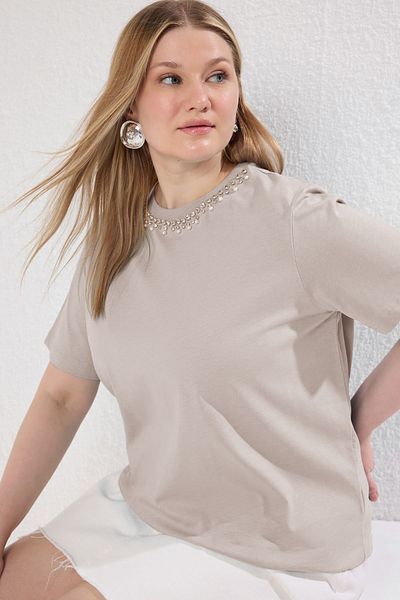 Trendyol Curve Boyfriend Fit Stone Tričko Plus veľkosti 100% bavlna pletené